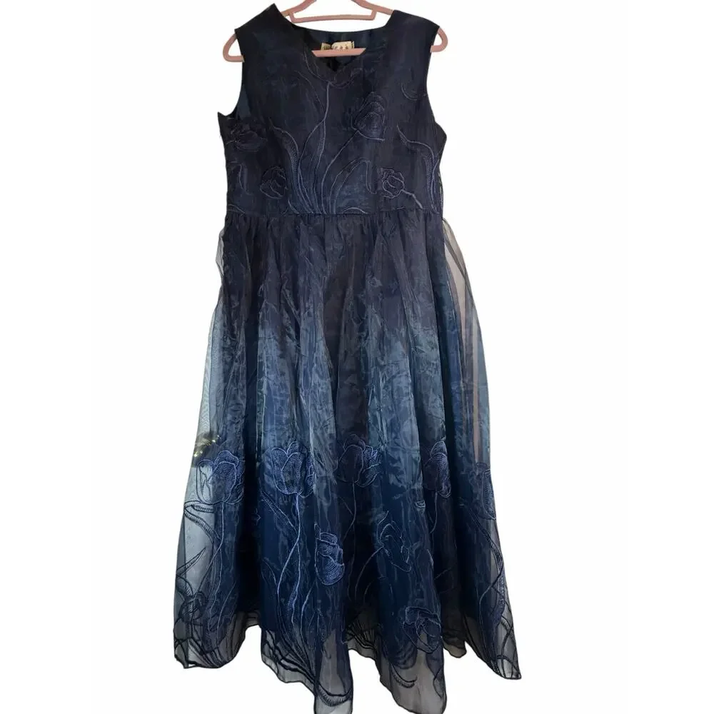 STYLEWE HZY Navy Blue Organza with Emroidered Floral Detail Dress